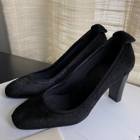 CHANEL BLACK FABRIC PUMPS CUTE CC LOGO HEELS mules leather slip on in slides - Picture 4 of 11